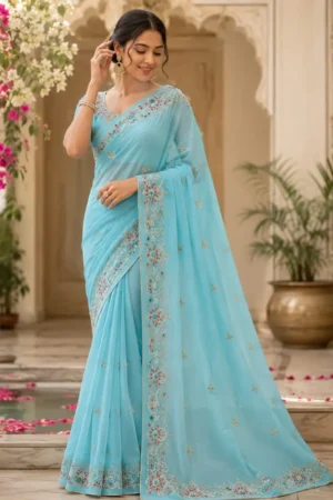Blue Cutdana Work Chiffon saree