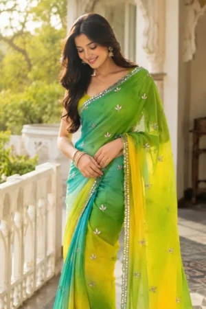 Green-Yellow shaded Mirror work Saree