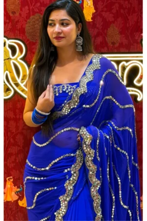 Heavy Blue Mirror Handwork Chiffon Saree.1