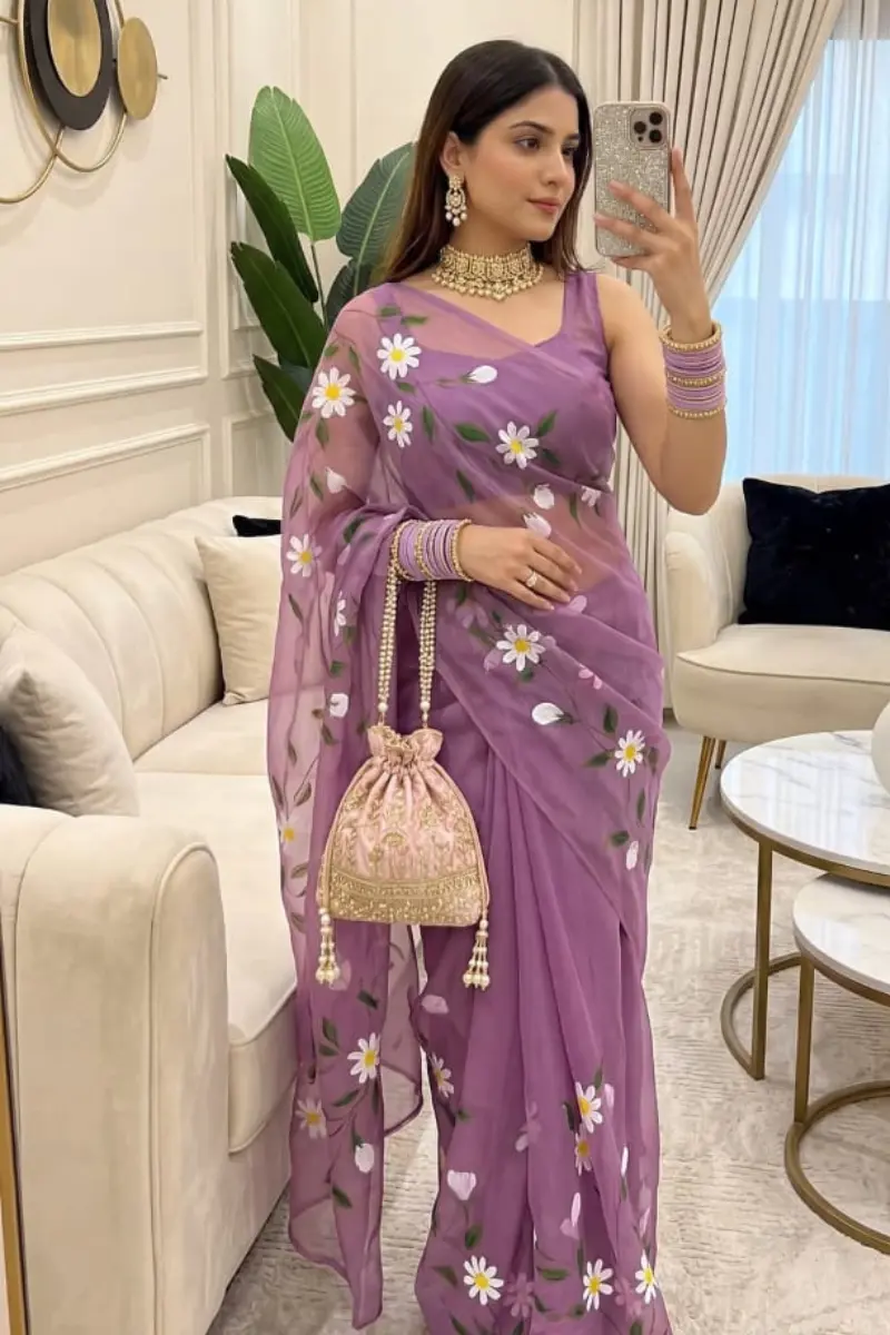 Lavender Flower Printed Saree