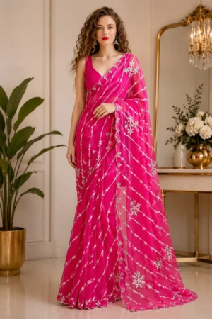 Pink Lehariya Handwork Saree