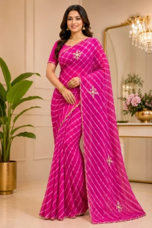 Pink lehariya Chiffon Saree
