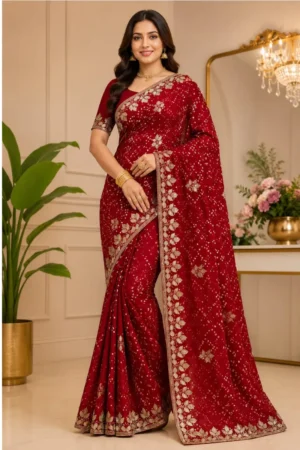 Red Bandhej Saree