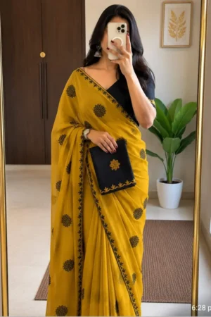 Yellow Semi Silk Handwork Saree